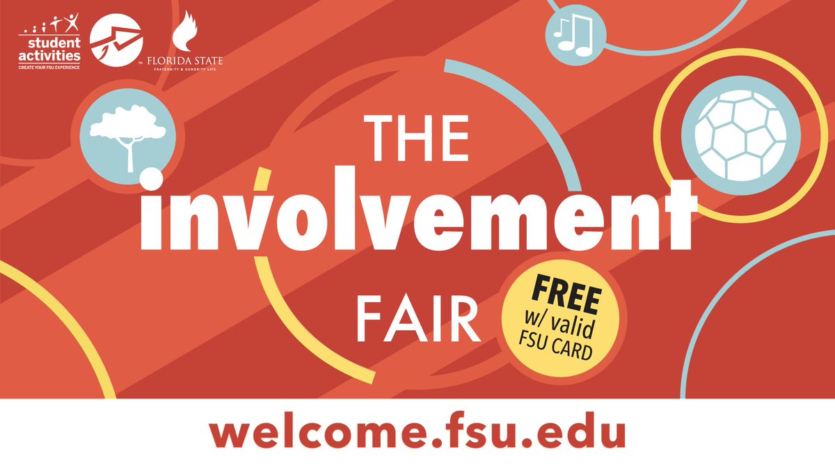 Whether you know what you're interested in, or not sure, don't miss the FSU Involvement Fair! 's of student organizations and campus departments will all be represented! Tues., Aug.27, 6 pm-9 pm in the Leach Recreation Center & Tully Gym #WelcomeFSU